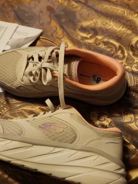 Skechers Women's Cream Lace-Up Sneakers with Peach and Lavender Accents